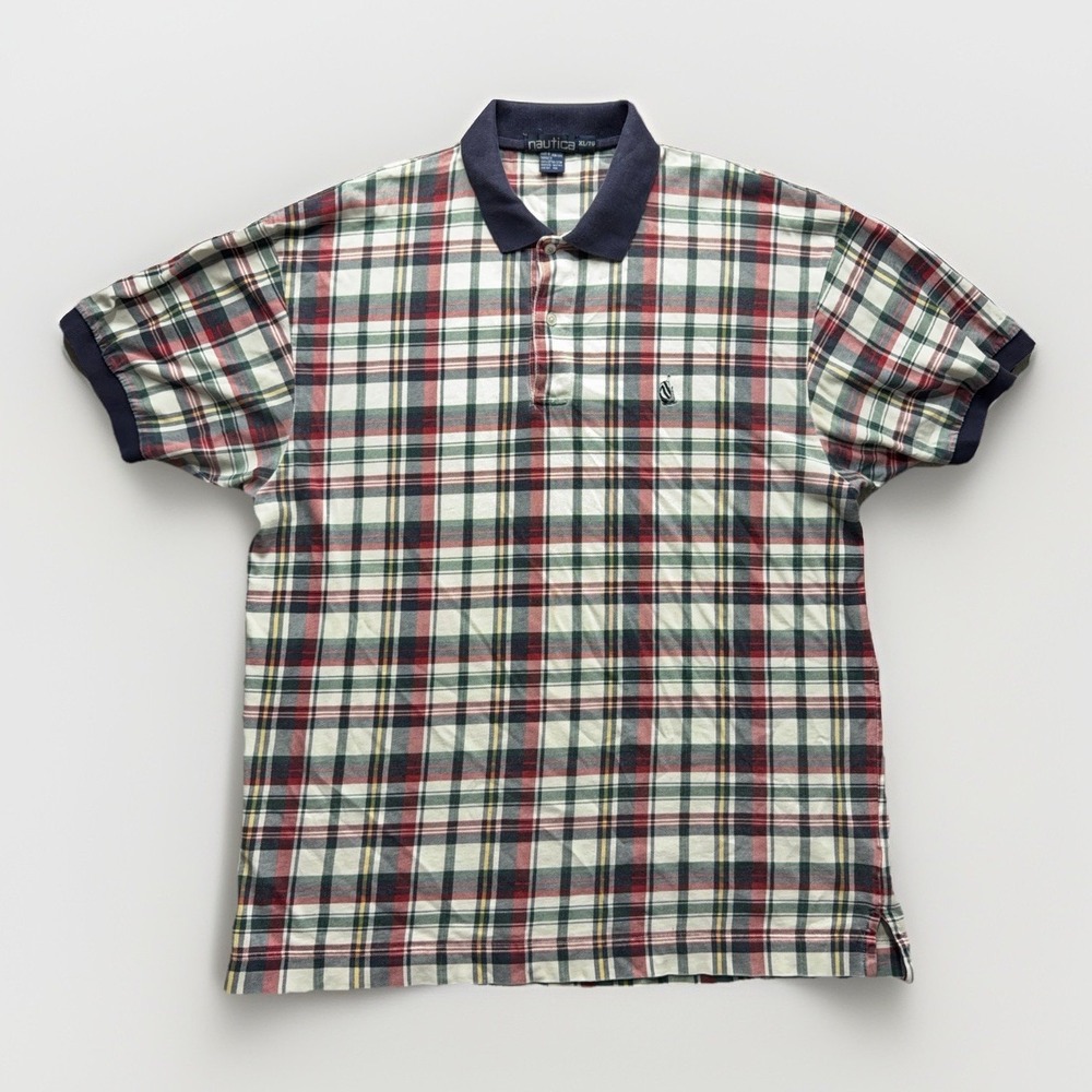 Vintage Nautica Polo Shirt Men XL Plaid Short Sleeve Preppy Embroidered Classic